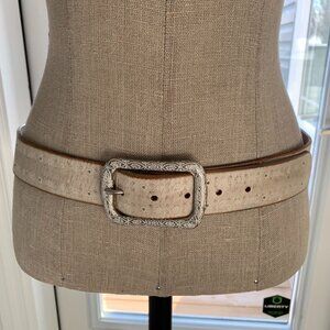 Vintage Fossil Leather Belt M White Distressed Tooled Studded Silver Buckle Y2K